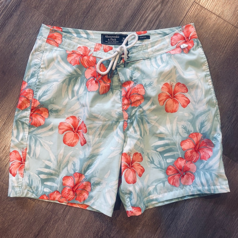 Abercrombie &‎ Fitch Mens Blue Floral Hibiscus Stretch Swim Trunks Size 31